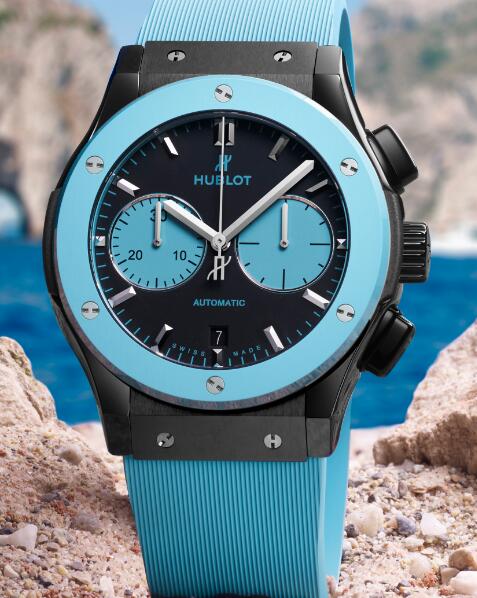 The blue sub-dials are striking on the black dial.